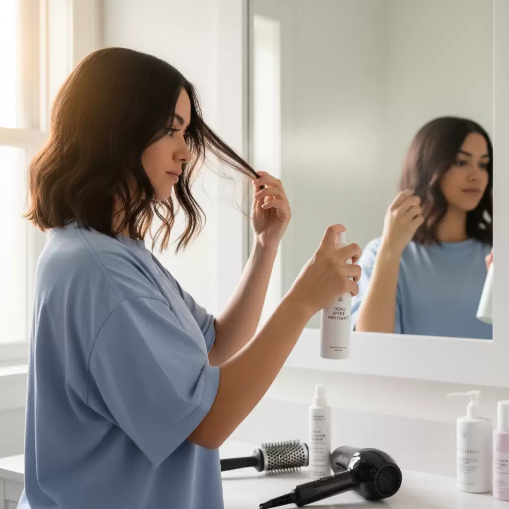 gemini_image_1767117048 Luôn sử dụng xịt bảo vệ nhiệt để giảm thiểu tác động tiêu cực của nhiệt độ cao lên tóc hư tổn