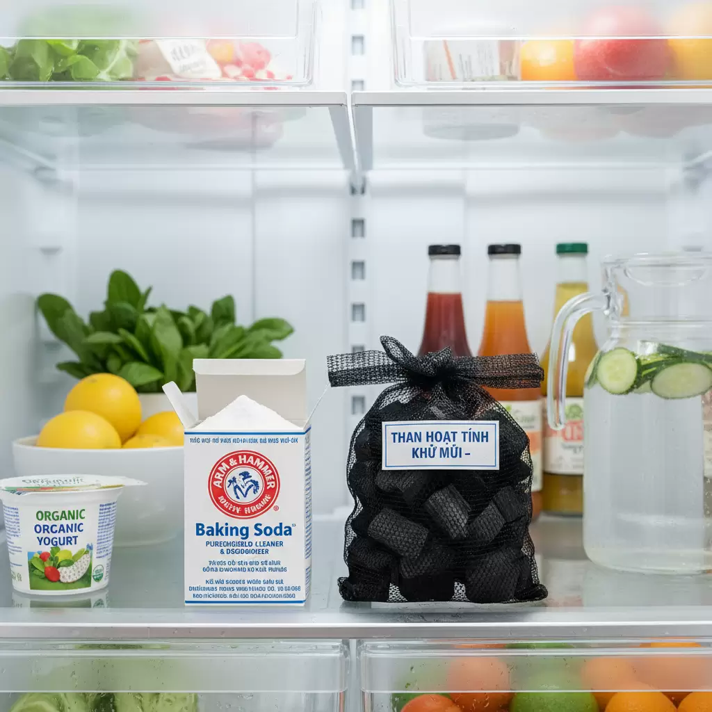 Baking Soda và Than hoạt tính là những chất hấp thụ mùi hôi mạnh mẽ và an toàn nên được đặt ở vị trí trung tâm của tủ lạnh