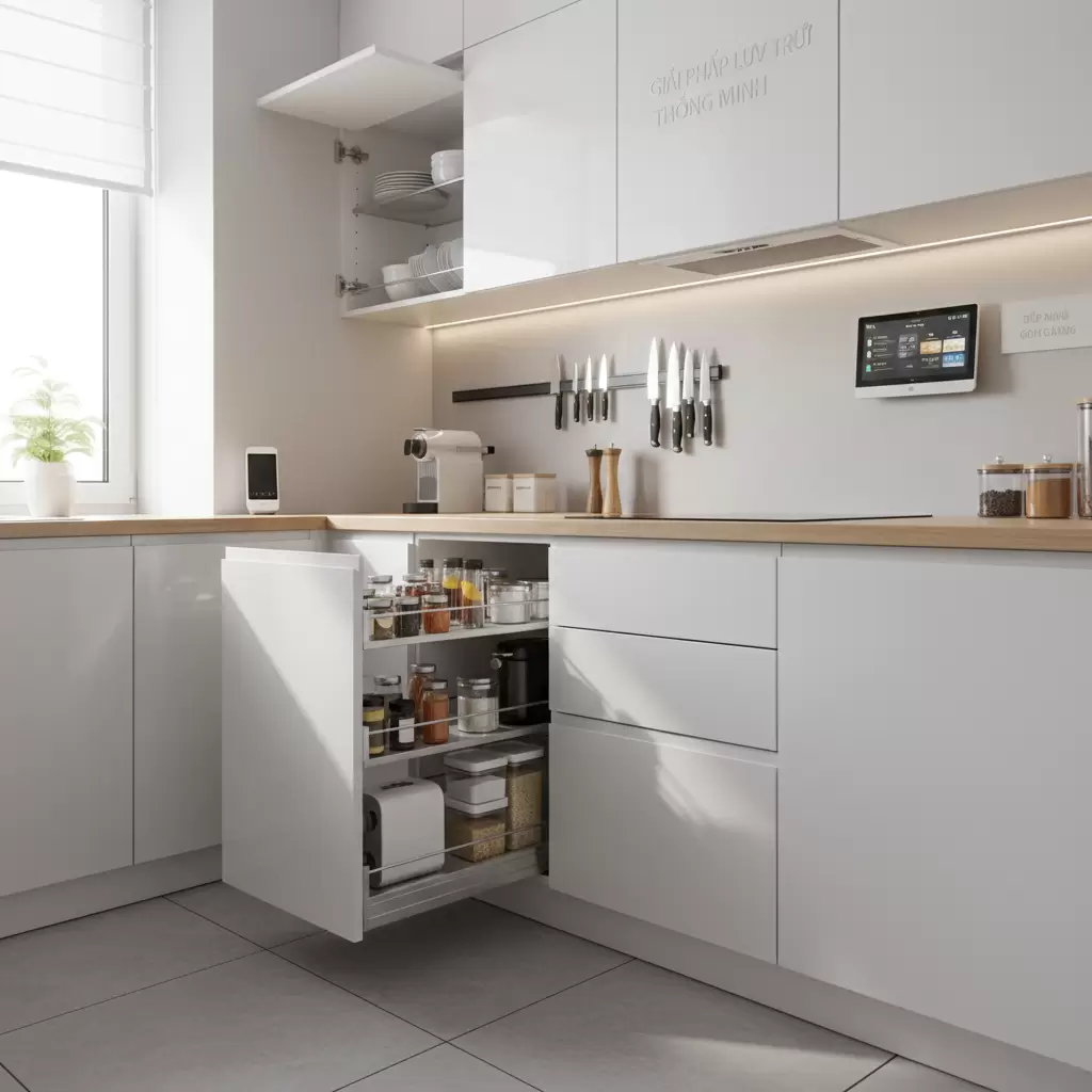 Sử dụng hệ thống tủ kéo và kệ xoay để tận dụng triệt để không gian góc và chiều sâu tủ bếp
